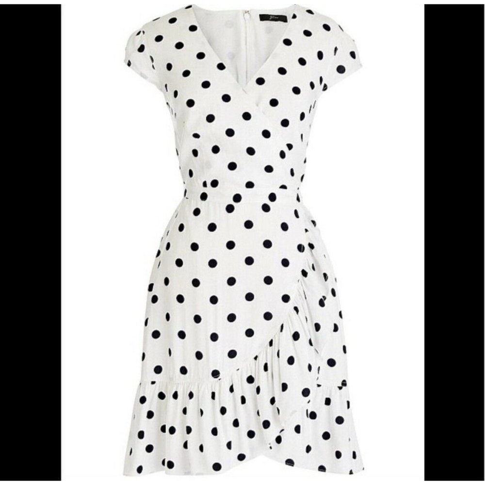 J Crew white polka dot White Black ruffle front Mini dress 8P